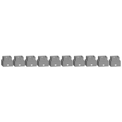 Ten grey metal angles, all identical, arranged in a row. Each angle has a rectangular shape with an opening at the bottom.