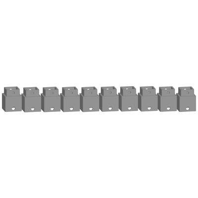 Eight uniform grey metal angles, lined up side by side, with holes for screws. They are suitable for construction or assembly purposes.