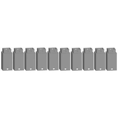 A row of ten grey clips, arranged side by side. Each clip has a rectangular shape with rounded edges and a hole at the bottom end.