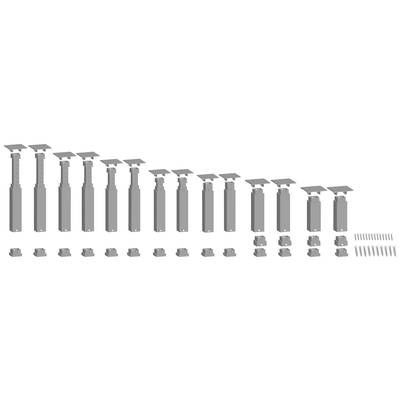 Several adjustable supports, sorted from left to right by size. Screws are arranged alongside them.