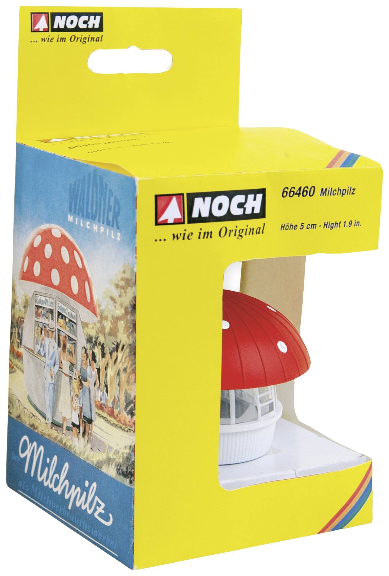 A yellow packaging shows a model of a 'Milchpilz' kiosk in red and white. The box displays the brand, model name, and dimensions.