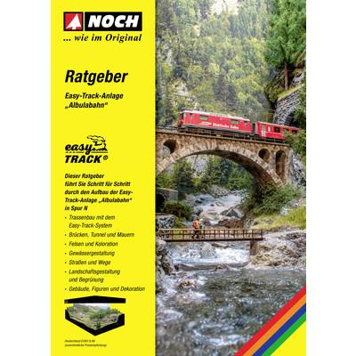A red train is travelling across a stone bridge in a mountainous landscape. Beside it, text reads: 'Guide to Easy-Track Layout 'Albula Railway'' and additional details.
