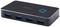 A black USB hub with four blue USB ports and an illuminated button on the top surface.