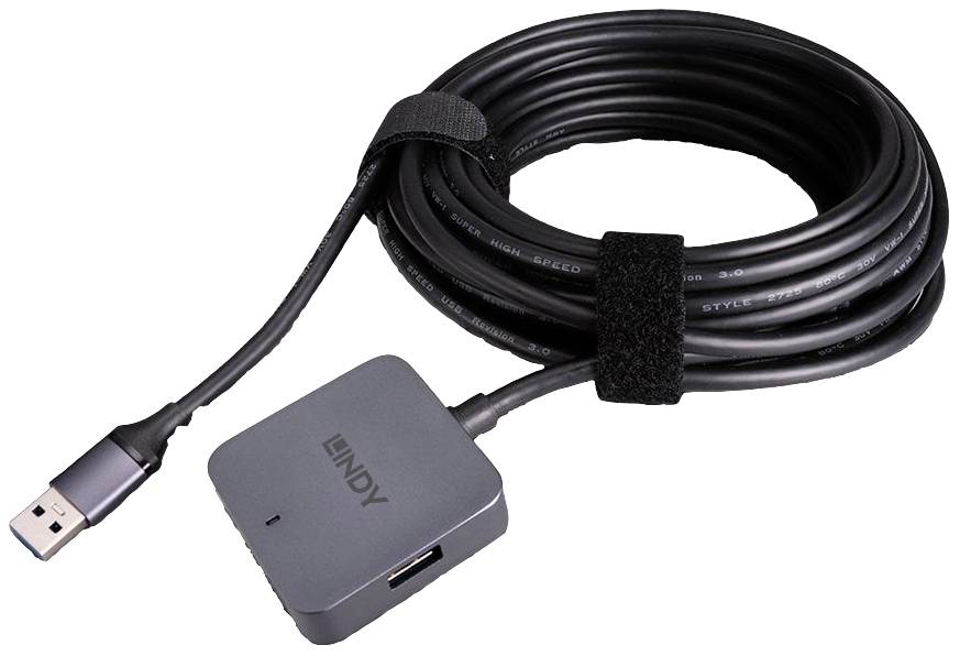 A long, black USB cable with a USB-A plug and an HDMI output. Includes a hook and loop fastener for cable management.