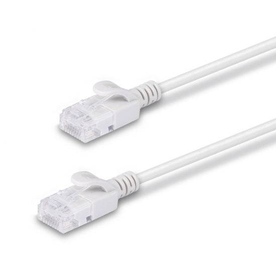 Two white Ethernet cables with RJ45 connectors lie parallel to each other on a white background.