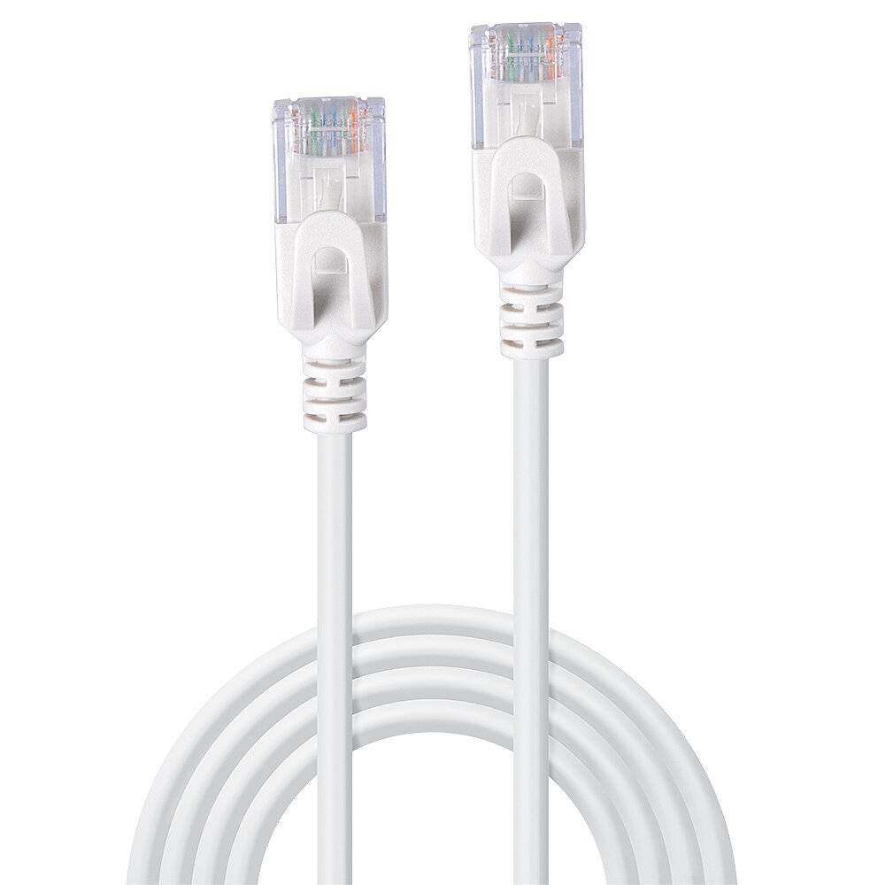 A white Ethernet cable with RJ-45 connectors at both ends, used for network connections in home or office networks.