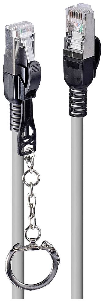 Two network cables with plugs, connected by a metal chain with a handcuff. Symbolises data binding or security.