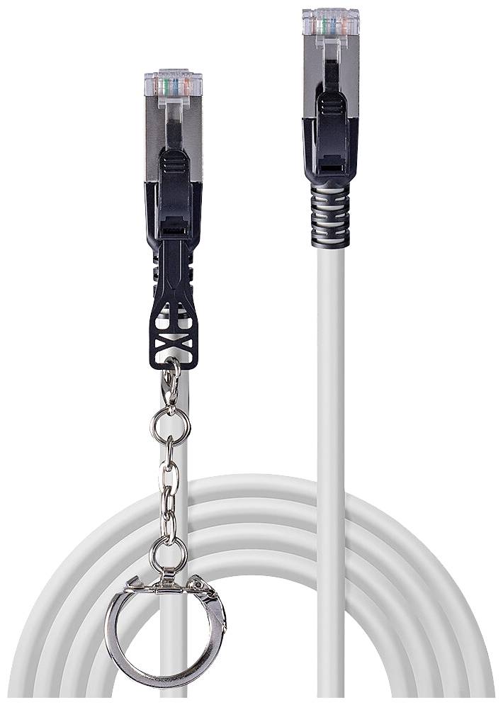 White network cable with two black plugs and an attached keyring.