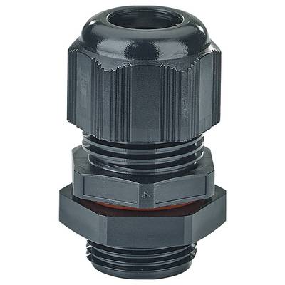 Black cable gland with a ridged surface and red marking on the lower ring. Suitable for cable installation and sealing.