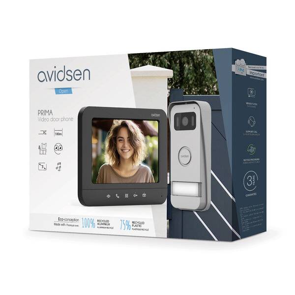 Packaging of a video doorbell by Avidsen. Shows the screen displaying an image of a person and the external unit with a doorbell button.