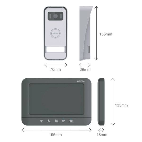 Intercom set with dimensions: External camera 156x70mm, Screen 196x133mm. Functions: Doorbell, Camera, Microphone.