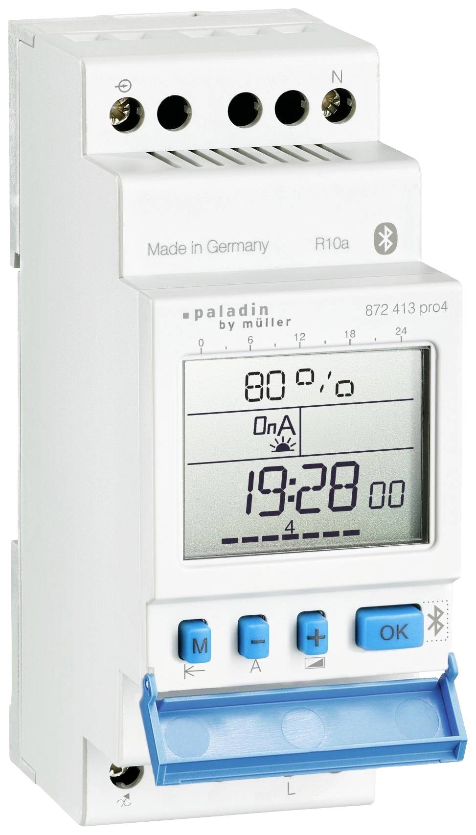 Digital timer with display, buttons and Bluetooth logo. Shows 80% and time 19:28. Manufacturer inscription 'paladin by müller'.