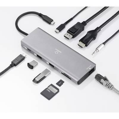 A grey USB hub with multiple ports, including HDMI, USB, USB-C and a card reader, surrounded by various cable types.