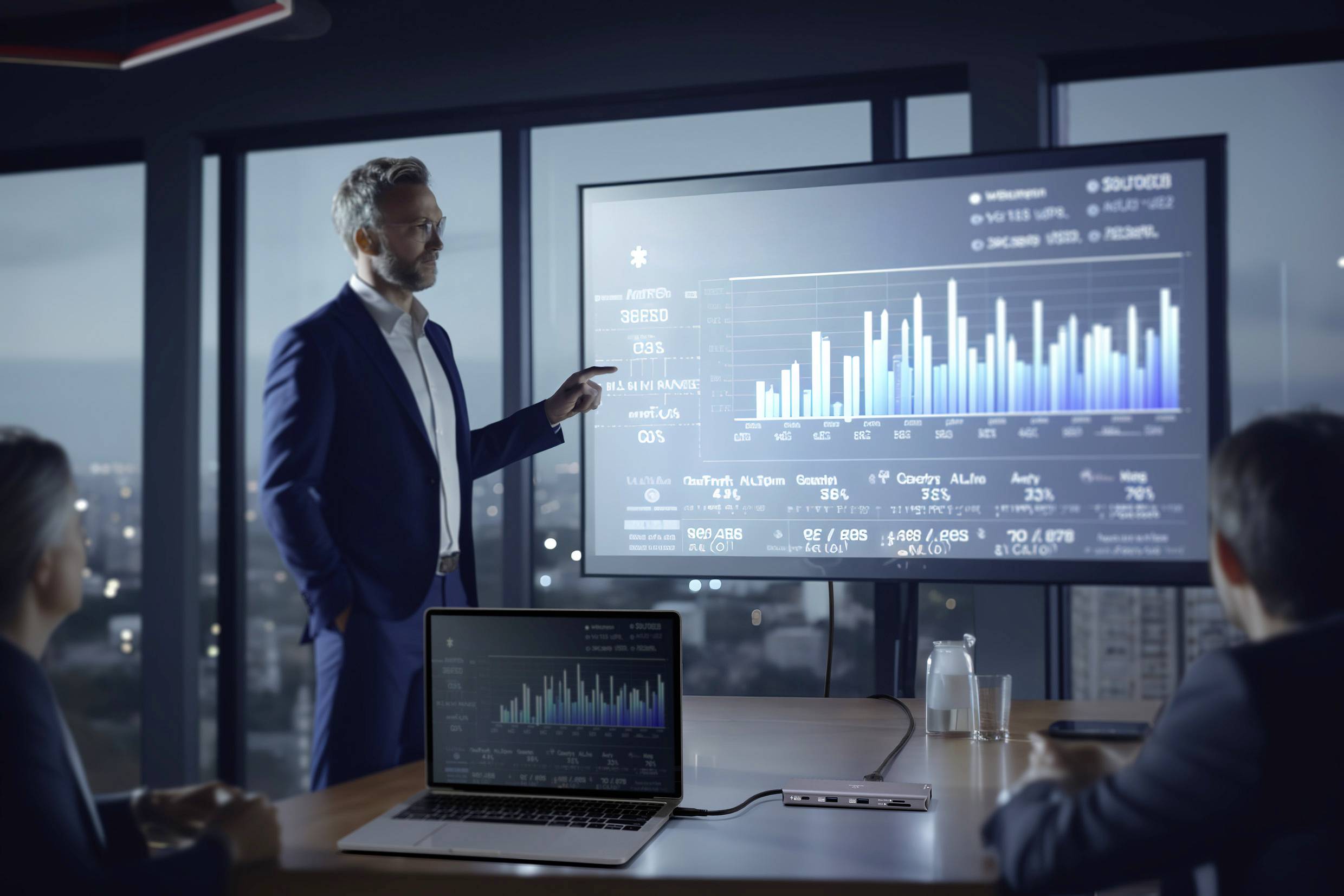 A businessman is presenting a graph on a screen during a meeting in a modern office, with three people listening.