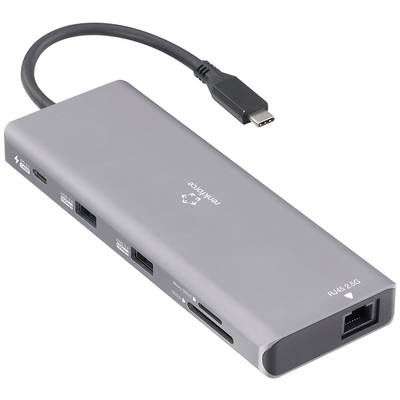 Grey USB-C hub with multiple ports, including USB-A, Ethernet, and HDMI. It is used to expand the connection options of a computer.