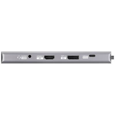 'Docking station with ports: Audio, HDMI 8K, DisplayPort 8K, USB 3.0, USB-C, enables connection of various devices.'