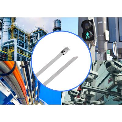 A cable tie in the centre, surrounded by urban scenes: an industrial building, a pedestrian traffic light, cable installation, and surveillance cameras.