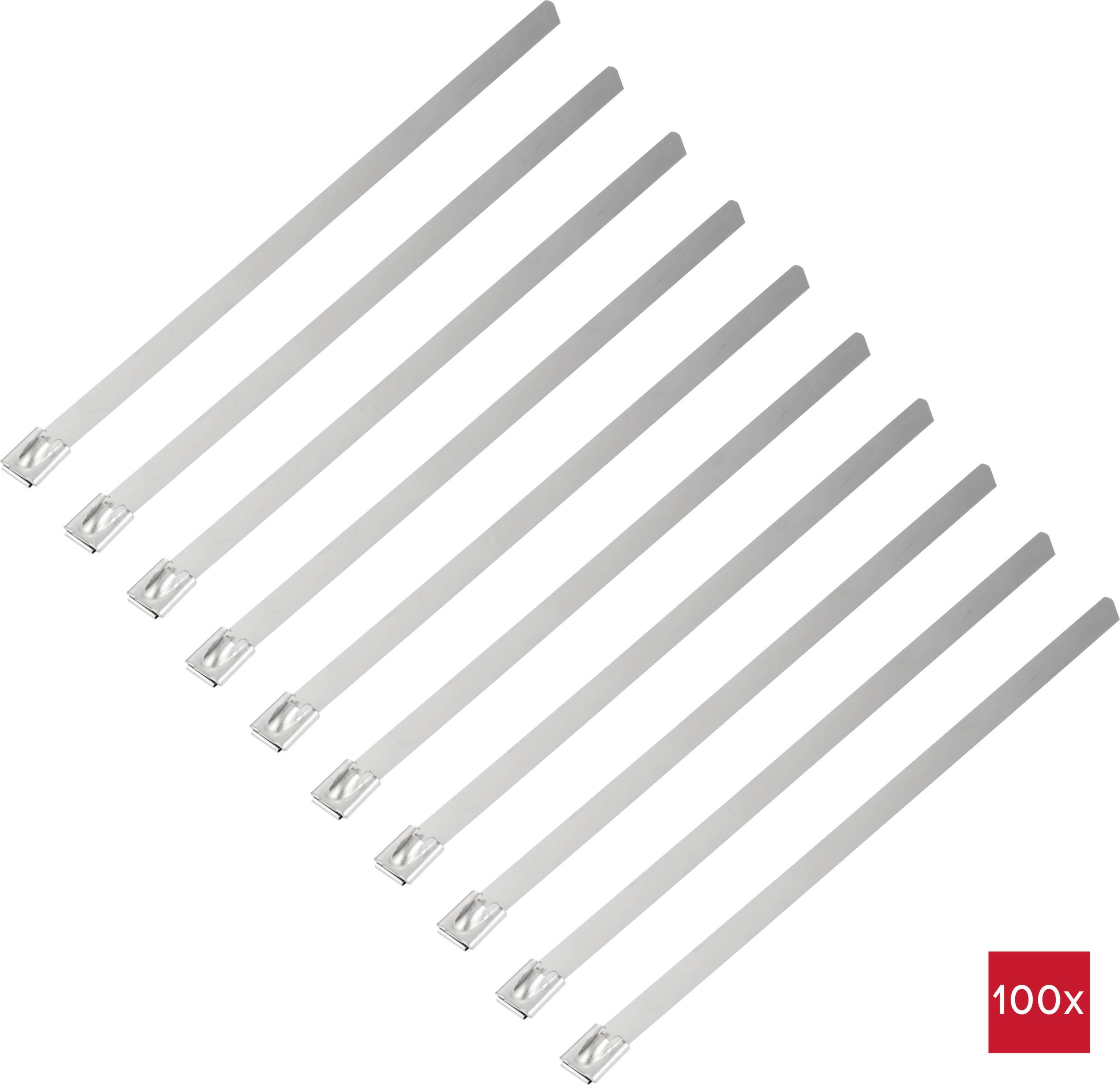 Ten silver cable ties are spread out in a fan-like arrangement. A red square with the inscription '100x' is located in the bottom right.