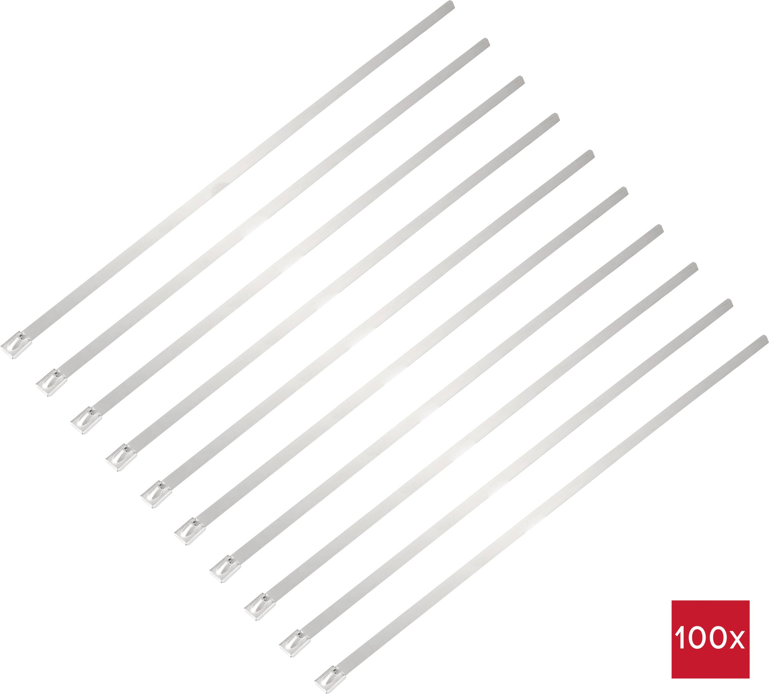 White metal cable ties arranged in a row. Red box at bottom right indicates: '100×'.
