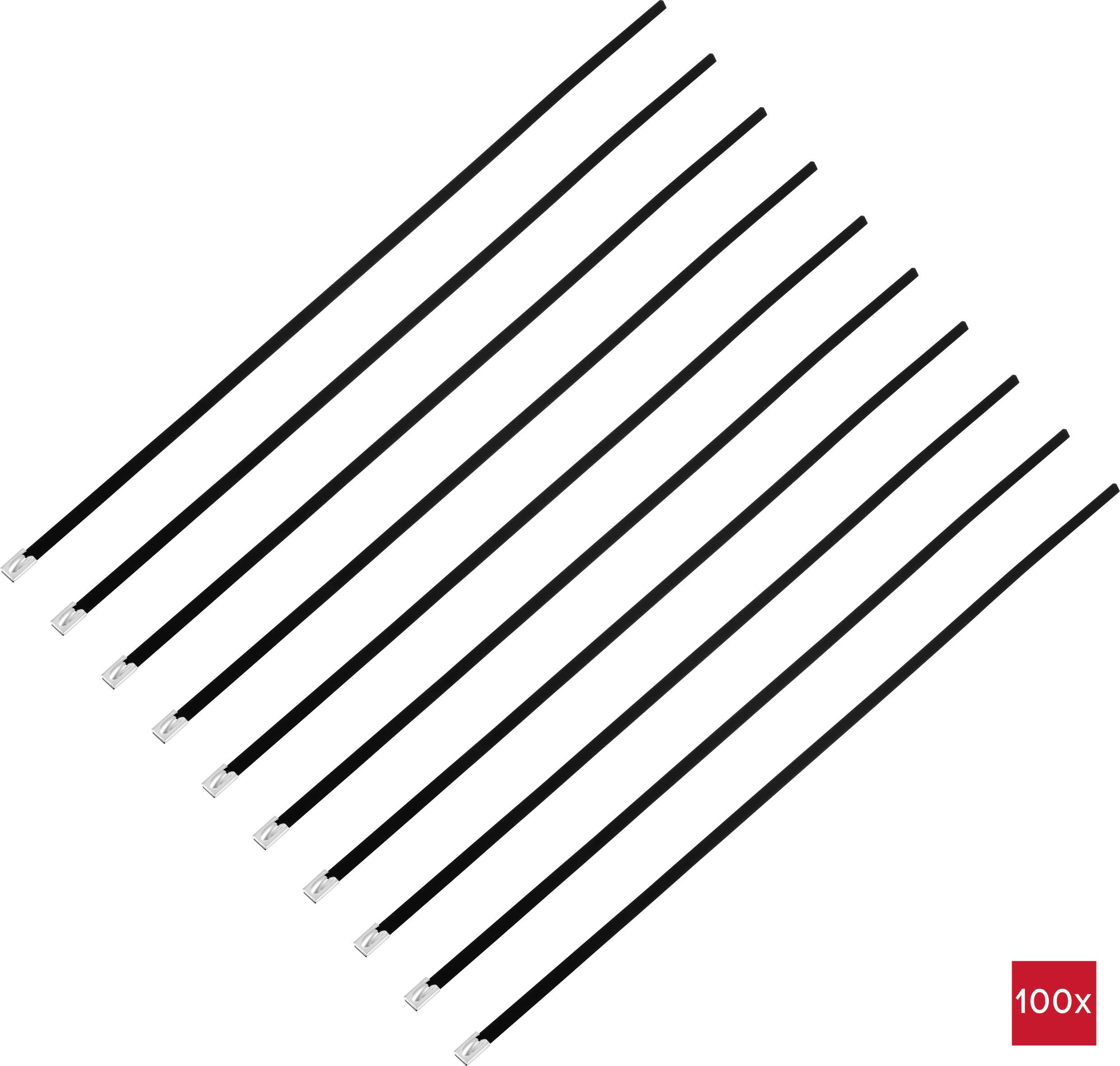 Black cable ties, 10 pieces, lying side by side. Red field in the corner with '100x' indicates the quantity.