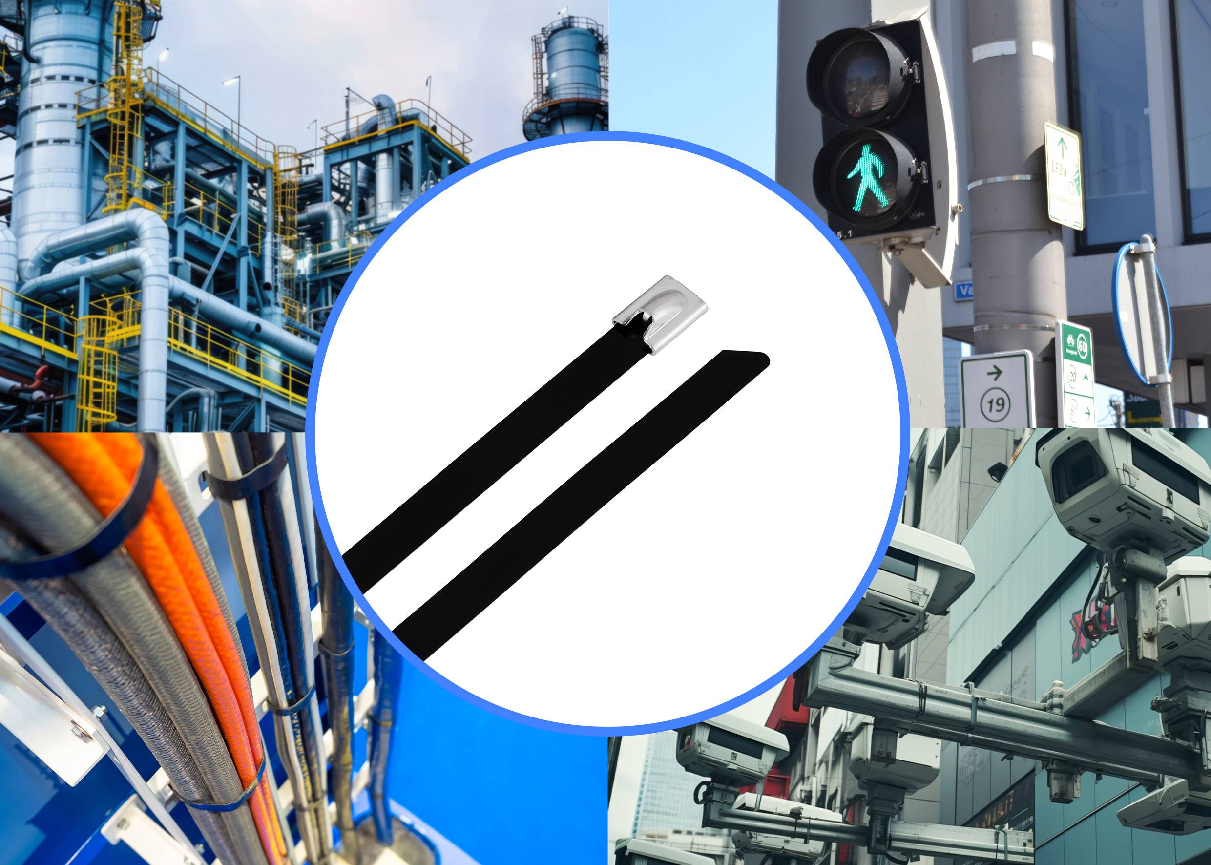 'Applications' shows industrial plants top left, pedestrian traffic light top right, cable management bottom left, and security cameras bottom right.