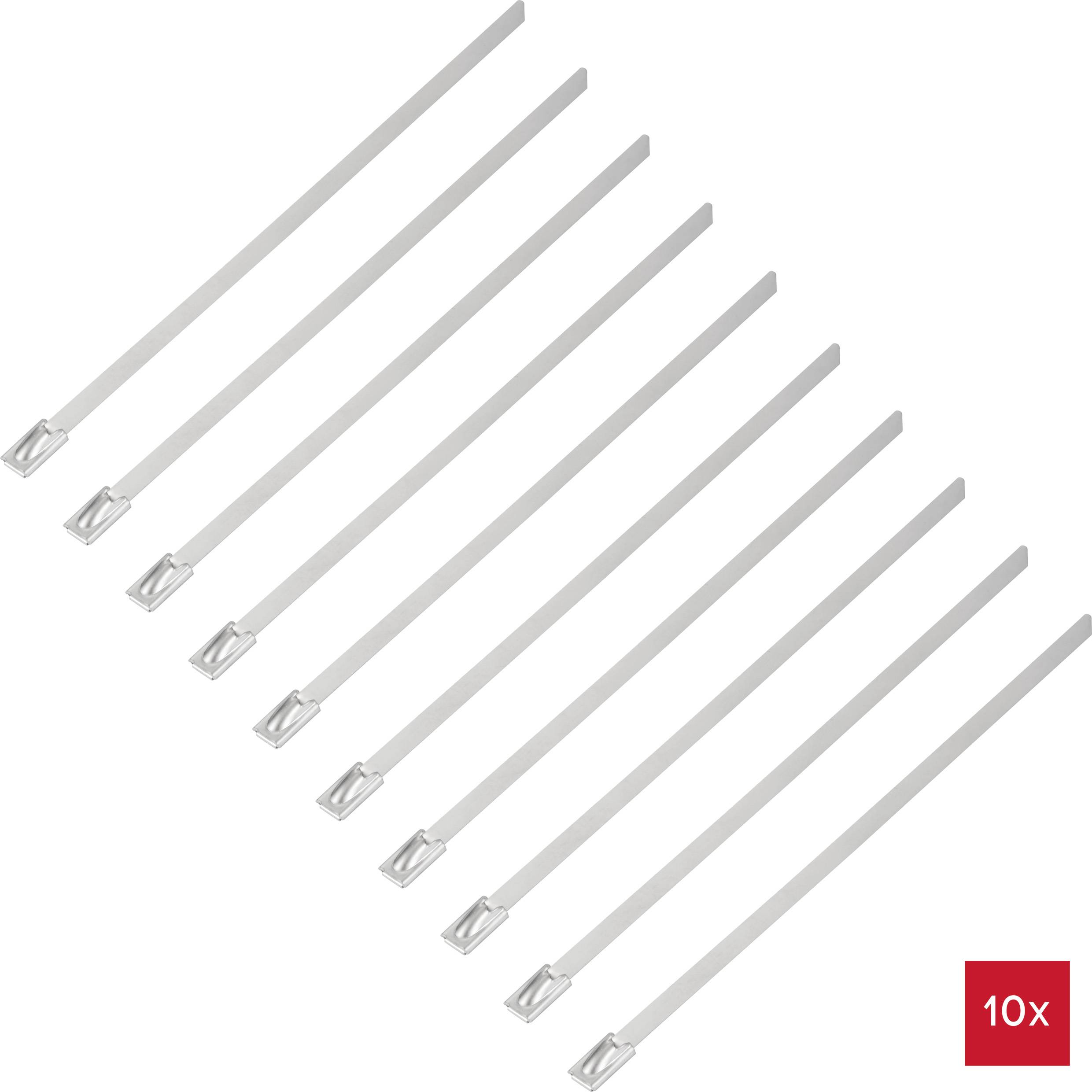 Ten silver cable ties arranged in a row.
