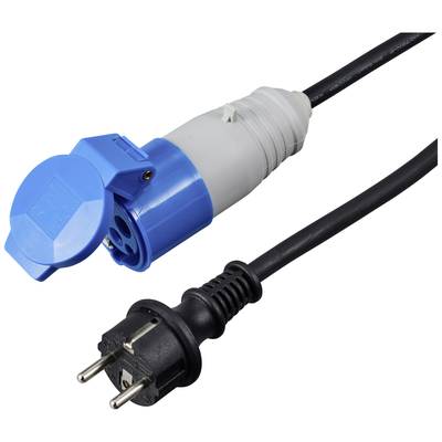 A black Schuko plug and a blue CEE socket are connected by a cable, suitable for electrical power supply solutions.