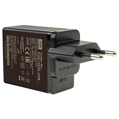 Black USB charger for European plug sockets with technical specifications and safety certifications on the packaging.