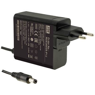 Power supply with cable and plug, adapter with technical labelling and CE mark on the surface.