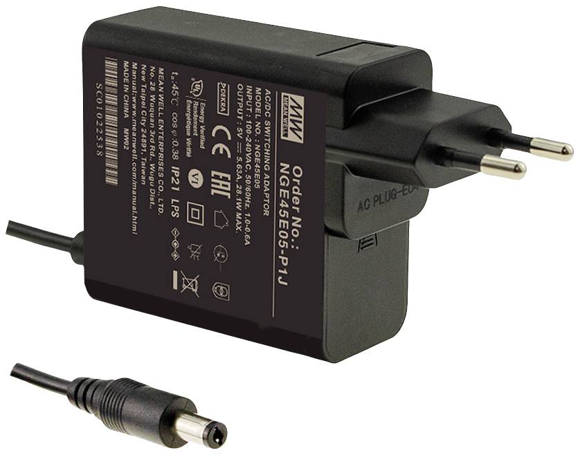 Black power adapter with European plug and DC output cable. Printing shows technical details such as voltage and current.