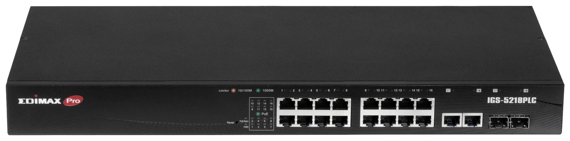 A black network switch with multiple Ethernet ports and two fibre optic connections, suitable for professional network applications.