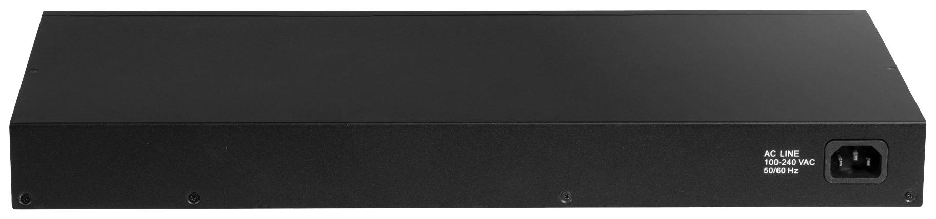 Black rectangular electronic device with AC power line connection on the right; complies with power standards 100-240V, 50/60Hz.