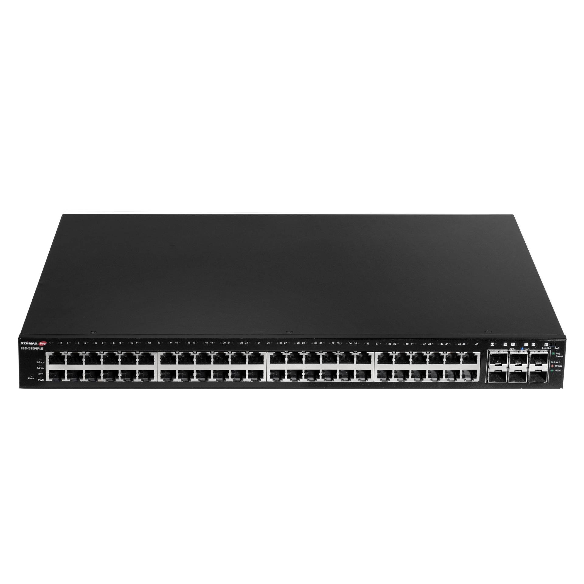 A black network switch with multiple ports on the front, suitable for managing data connections in an IT network.