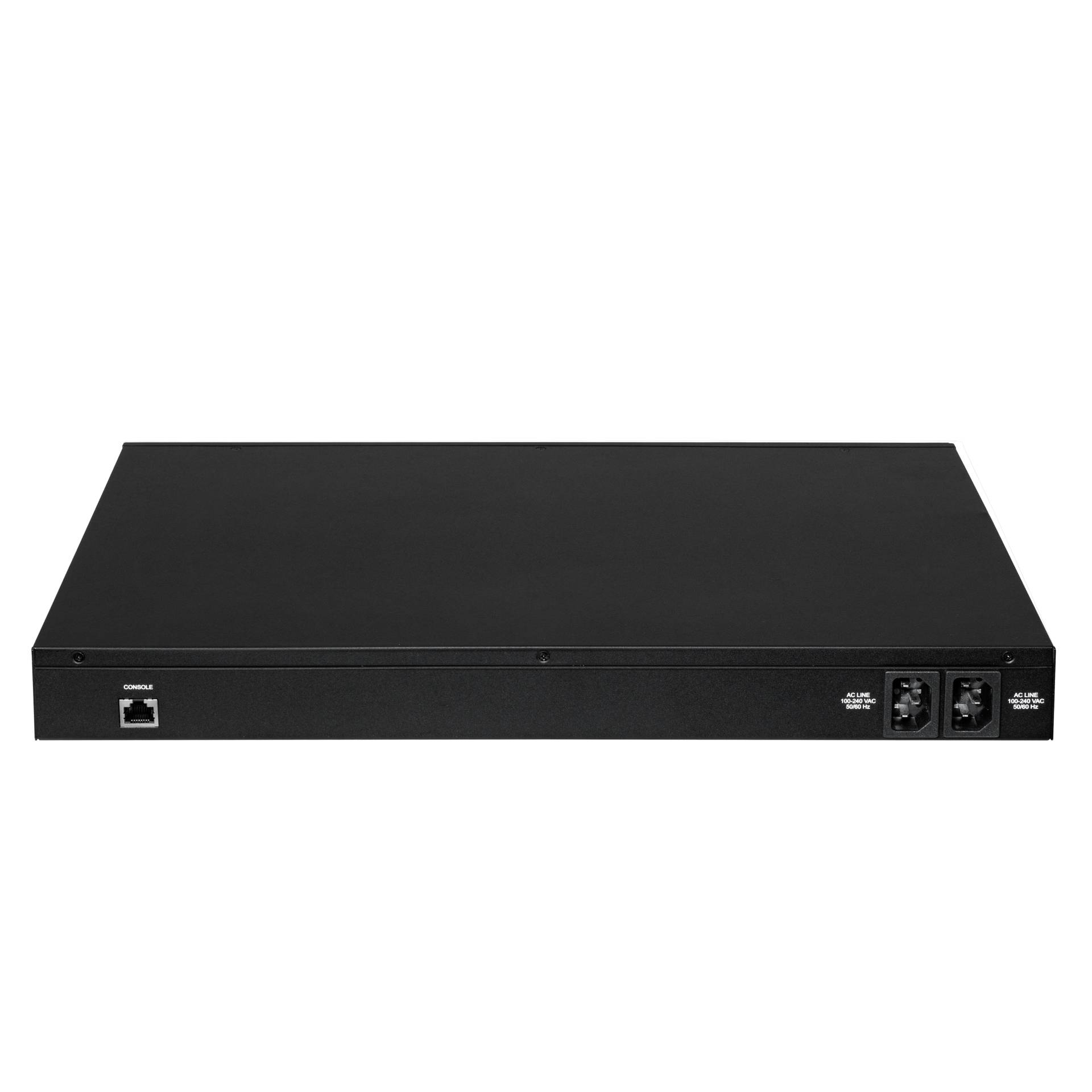 A black network switch without visible logos or labels. On the front panel are ports and two switches.