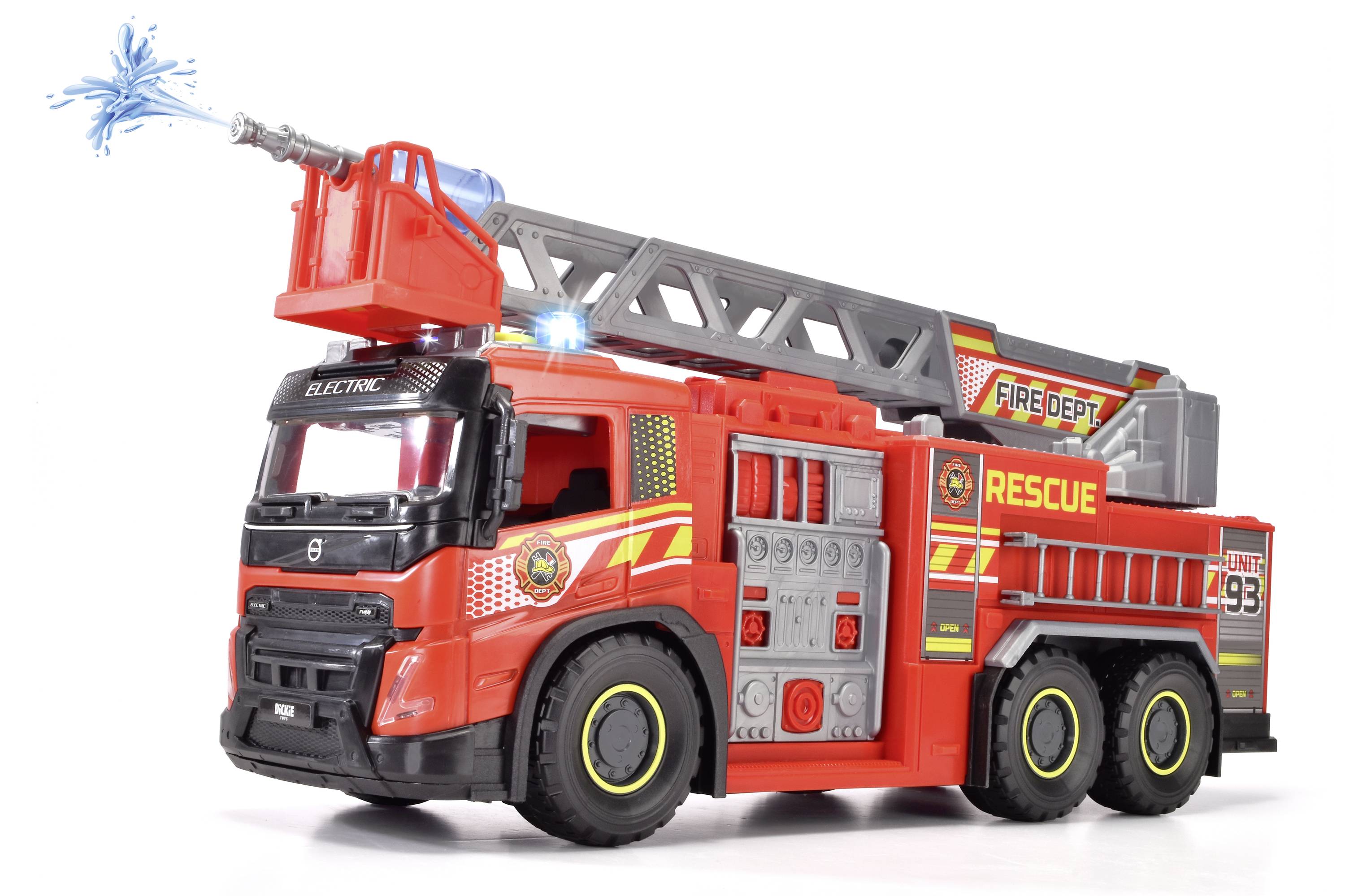 A red toy fire engine with an extendable ladder and water spray function, decorated with fire brigade stickers.