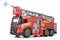 A red toy fire engine with an extendable ladder and water spray function, decorated with fire brigade stickers.