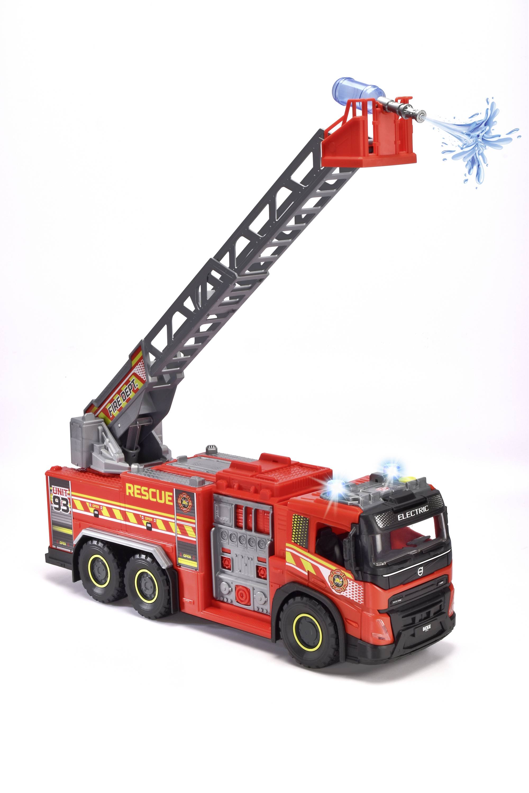 Toy fire engine with extendable ladder and water cannon. Red bodywork with rescue stickers, black wheels.