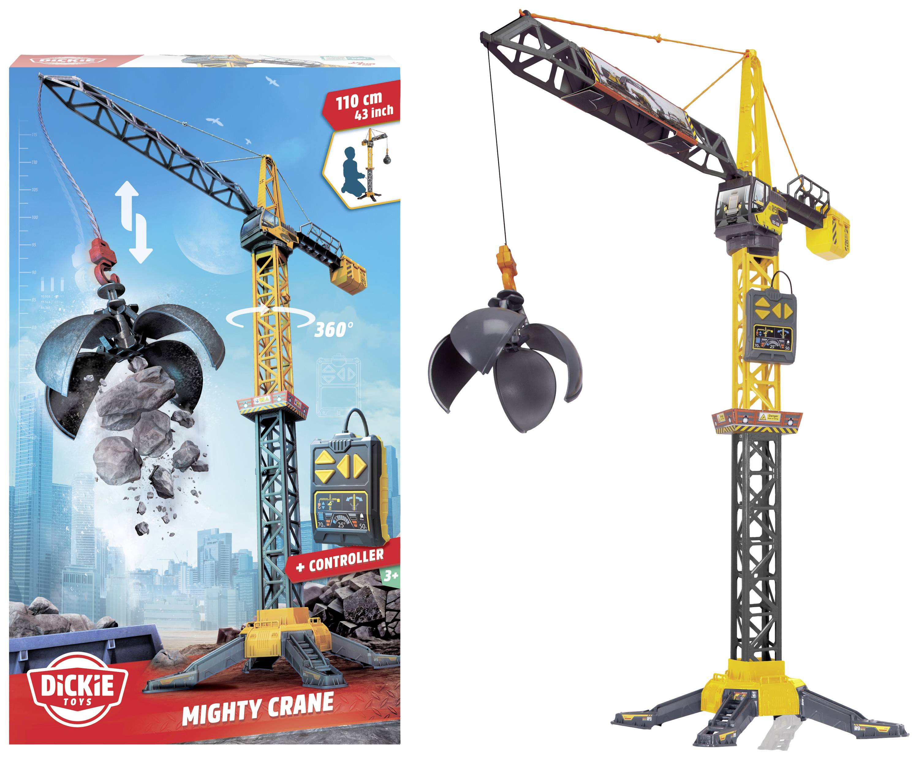 Toy crane with grabber arm, height 110 cm, with 360-degree rotation and remote control. Packaging shows crane lifting rocks.