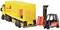 A yellow lorry with a yellow container and a forklift lifting a red barrel. The background is neutral.