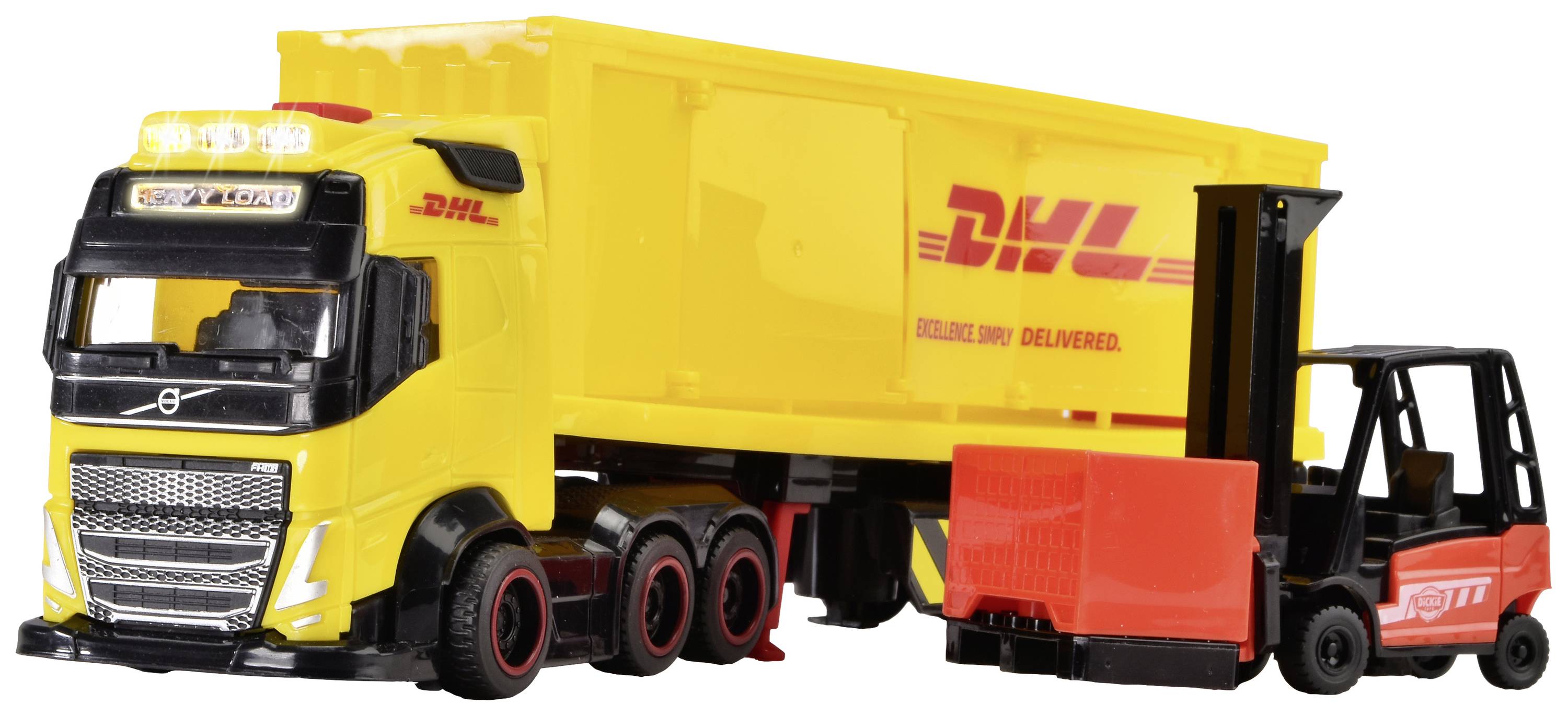 A yellow DHL lorry next to a red forklift. Both are toy models with the DHL logo, clearly showcasing the brand identity.