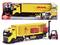 Toy lorry and forklift set with DHL branding in yellow and red. Lorry has container and opening side panel. Packaging with logos.