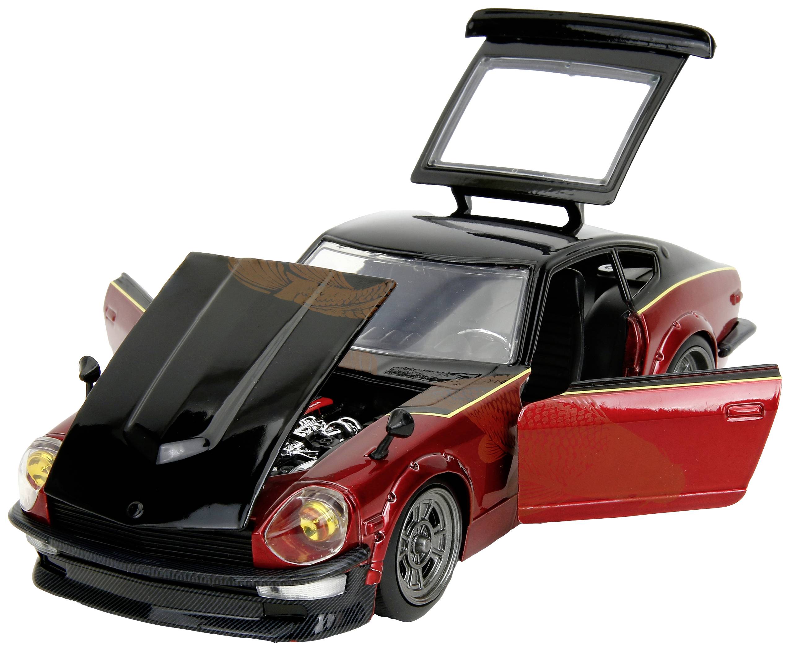 Black and red model car with open doors, open bonnet, and raised boot lid, revealing interior details.