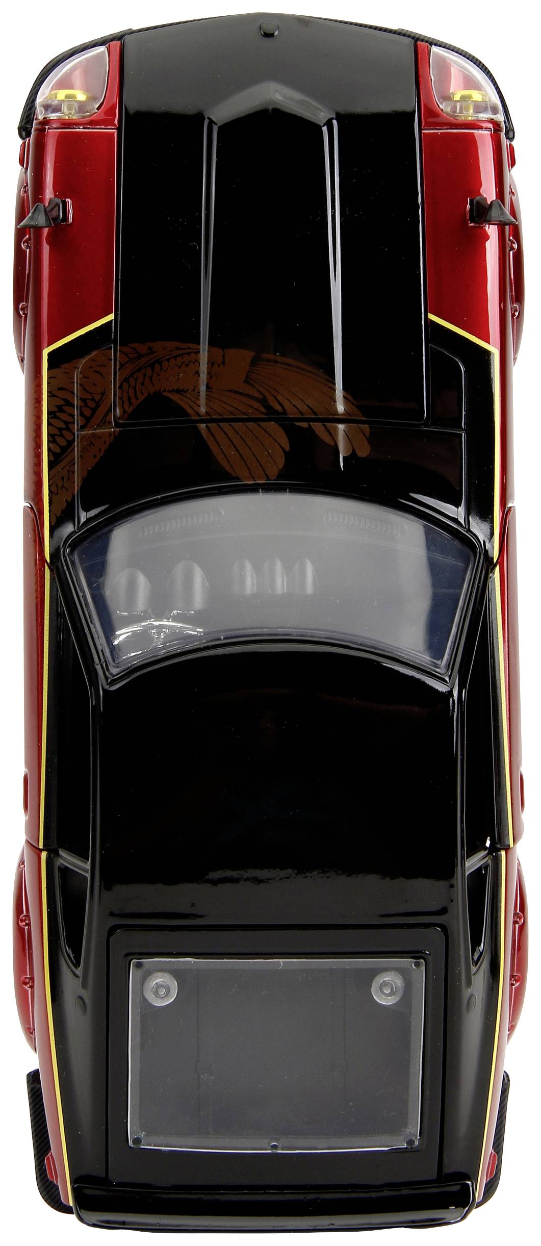 Toy car from above, red and black, with yellow stripes.