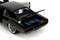 A black model car with an open boot, where two blue cylinders are visible. The car doors are also open.