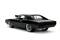 A black, gleaming sports car with large alloy wheels is positioned at an angle to the camera. The car has a low-profile body and tinted windows.