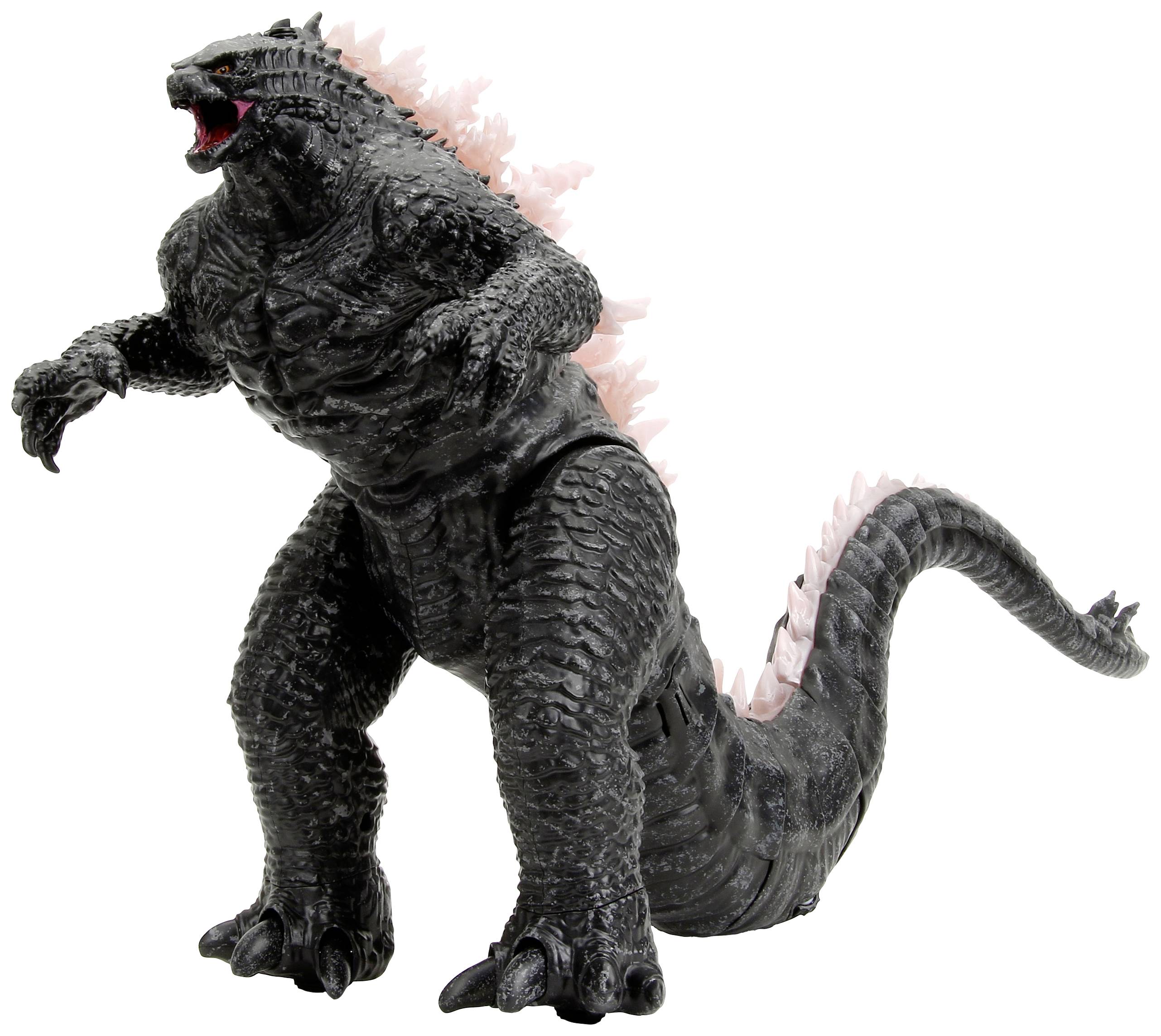 A large, black monster figure reminiscent of a dinosaur, with pink spikes along its back, stands with its arms raised.
