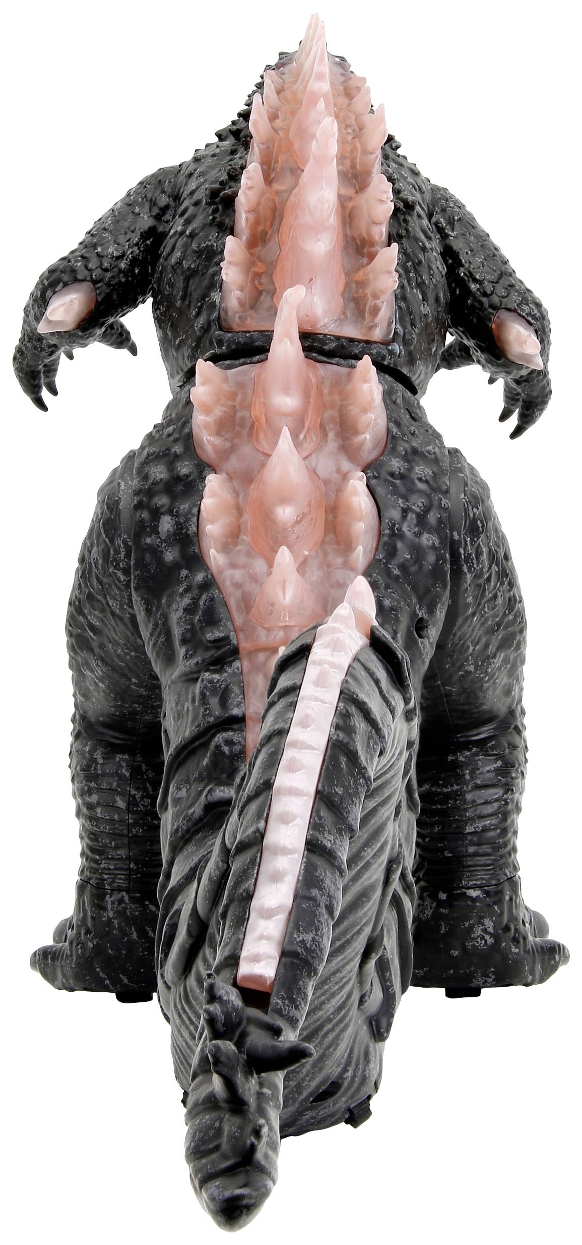 A black Godzilla figure with pink spikes on its back looks downwards.