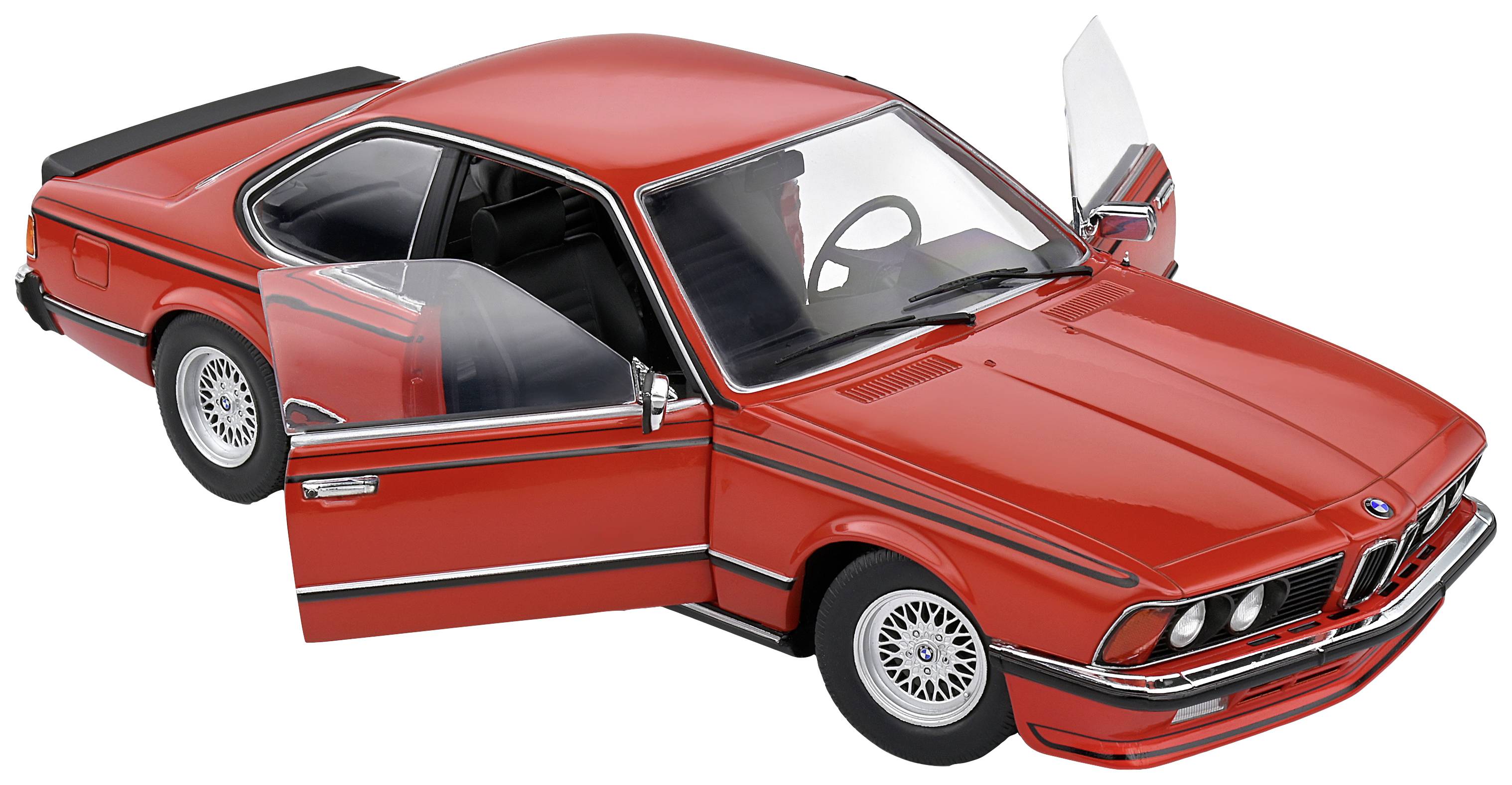 A red model car with open doors. It displays a sporty design with classic details and wheels.