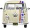 A beige Volkswagen van with a red and blue stripe, a circle with the number '53', and a California licence plate 'OFP 857'.