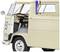 Small model VW camper van in beige with the number '53' on the open driver's door. Steering wheel and seat are visible.